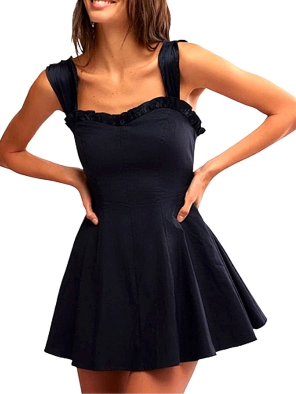Free People Midnight Magic Ruffle Square-Neck Mini Dress, Black, Sz M